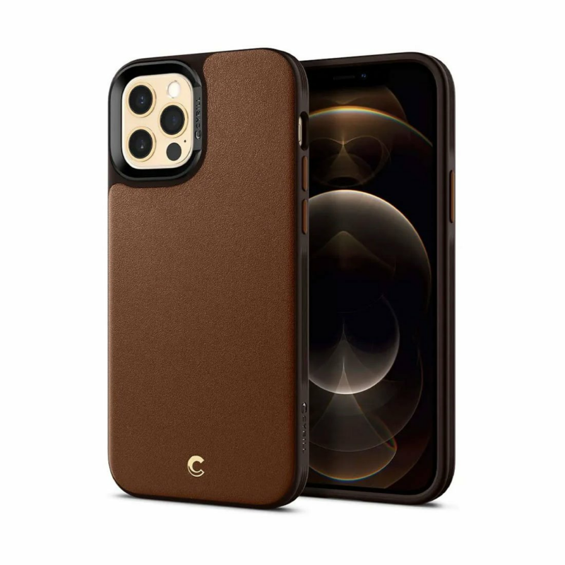 Spigen kryt Leather Brick pre iPhone 12/12 Pro - Saddle Brown