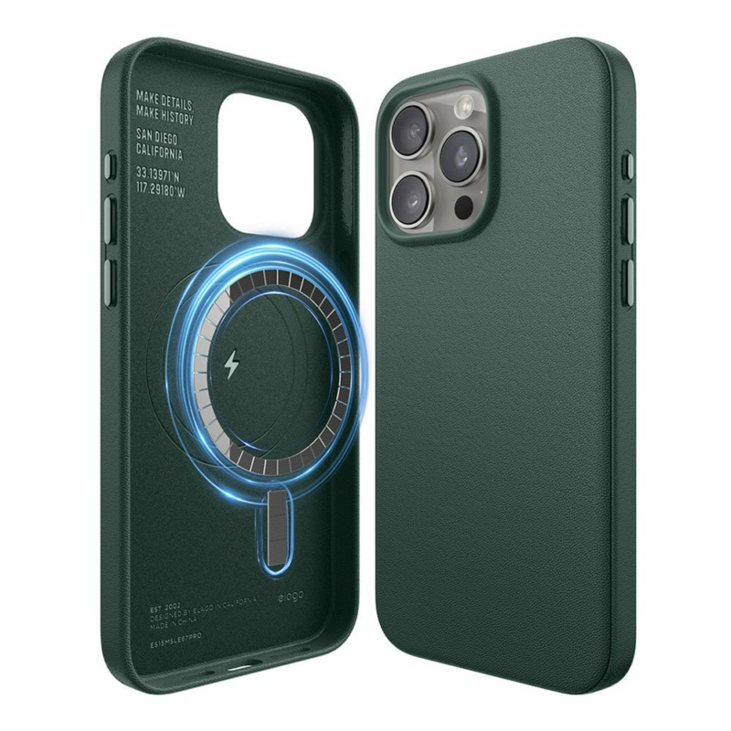 Elago kryt Leather Case Magsafe pre iPhone 15 Pro Max - Midnight Green