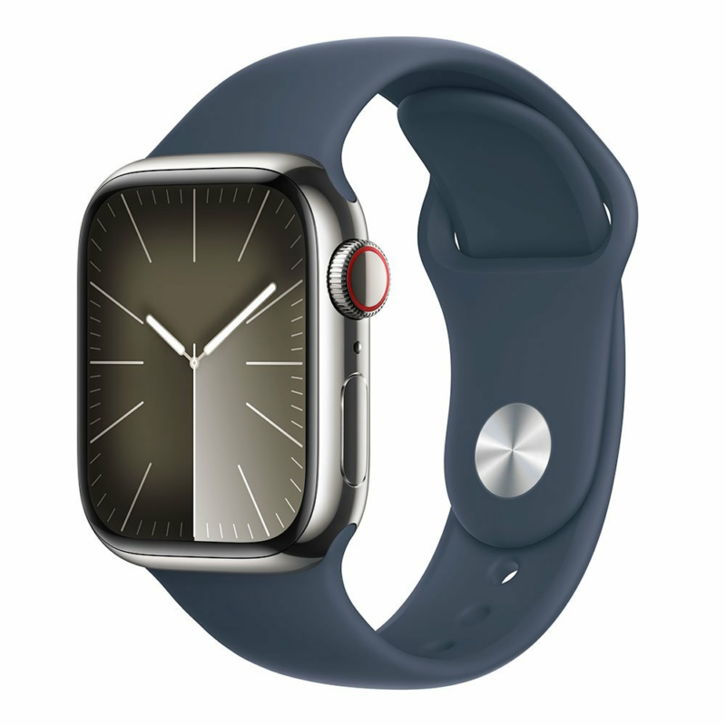Apple Watch Series 9 GPS + Cellular 45mm Silver Stainless Steel Case with Storm Blue Sport Band - M/L